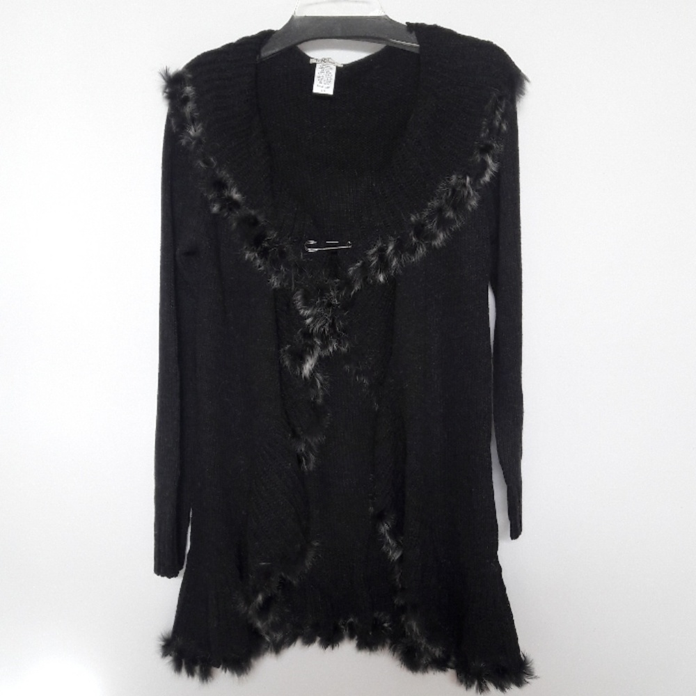 Dark Grey Faux Fur Elegant Open Sweater Cardigan Jacket